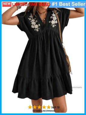 Boho Floral Embroidered Ruffle V Neck Mini Summer Dress